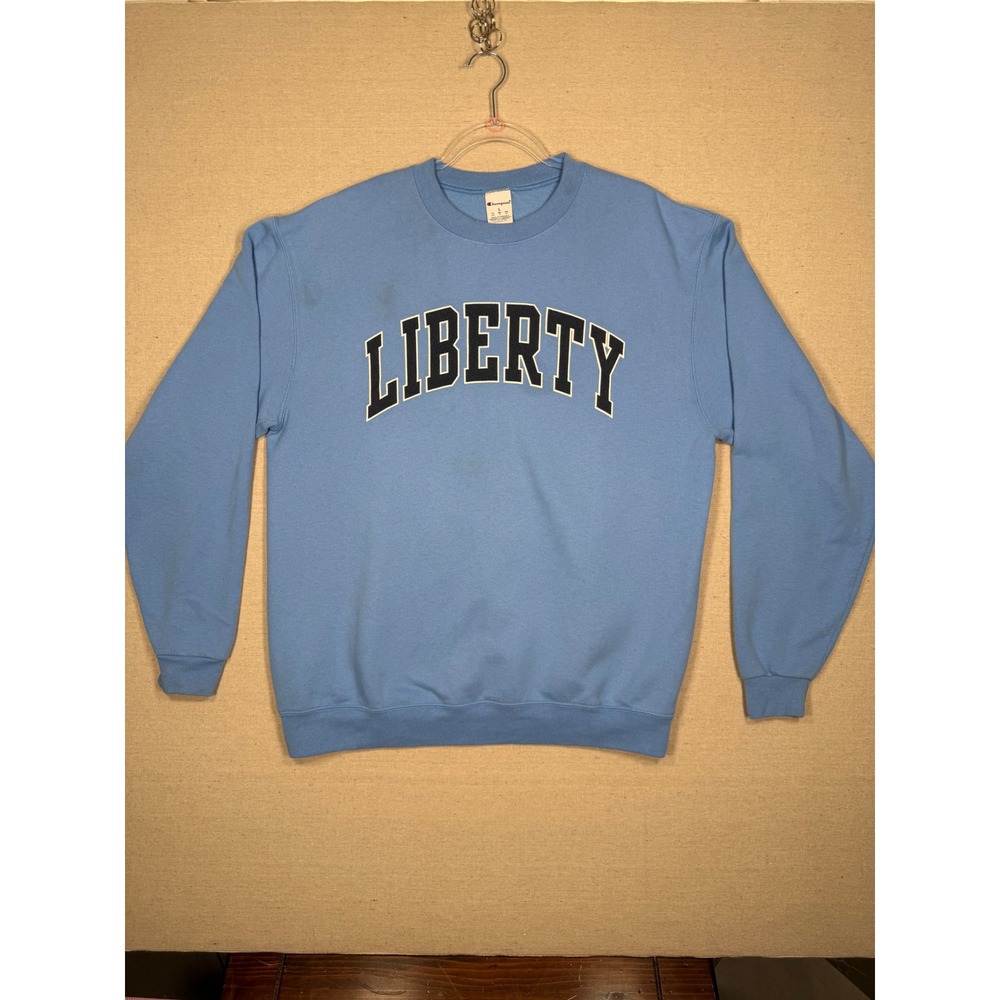Champion Eco Liberty Sweatshirt Womens Large Blue Crewneck Spellout Pullover